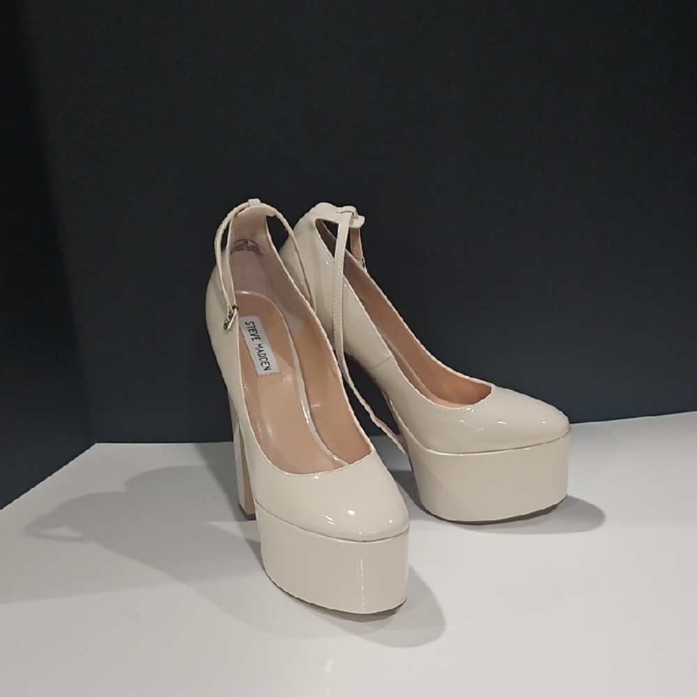 Steve Madden Ivory Patent Platform Pumps with Ankle Strap